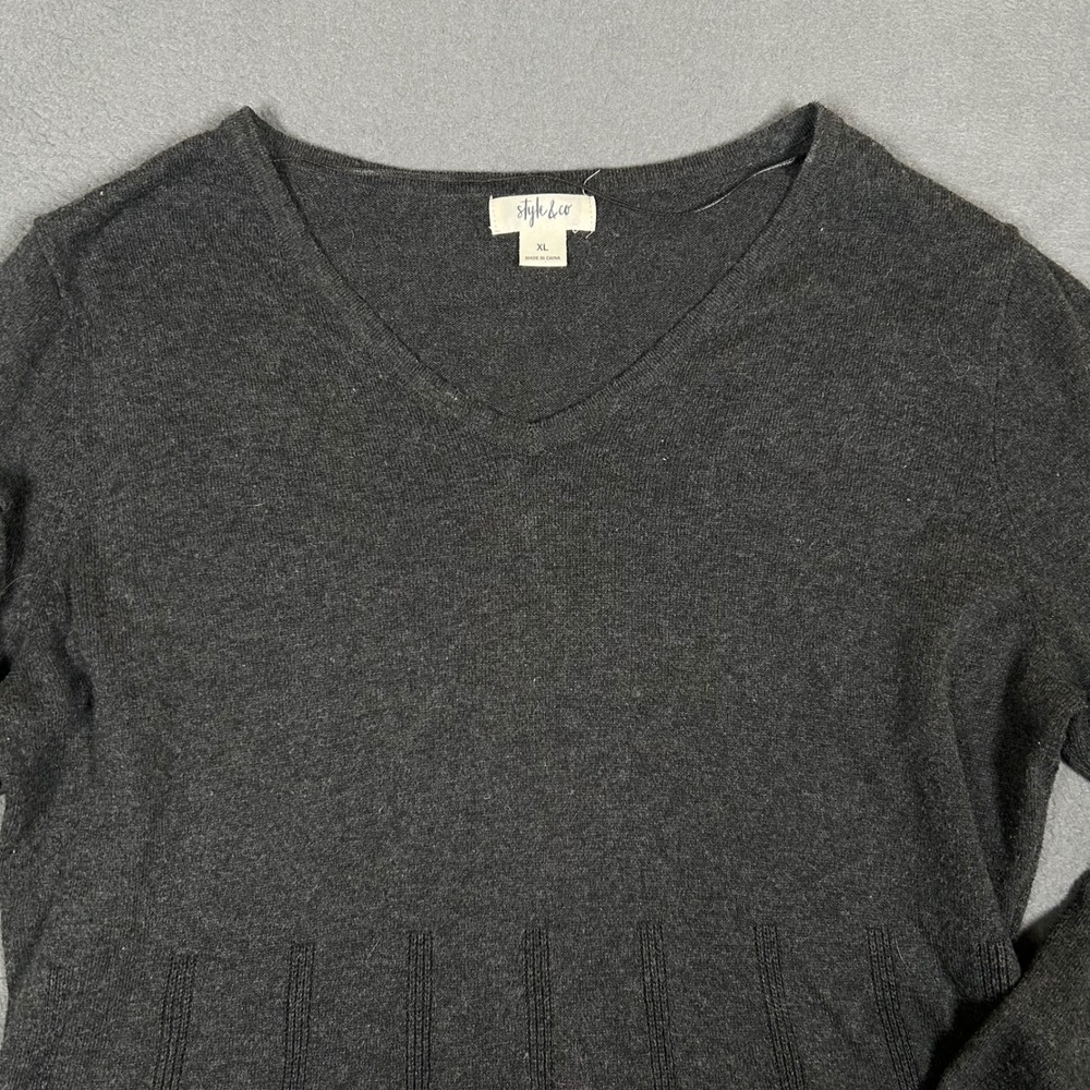 Style & Co Sweater Womens XL Grey V-Neck Peplum Ruffle Sleeve Cotton Blend - Picture 2 of 4